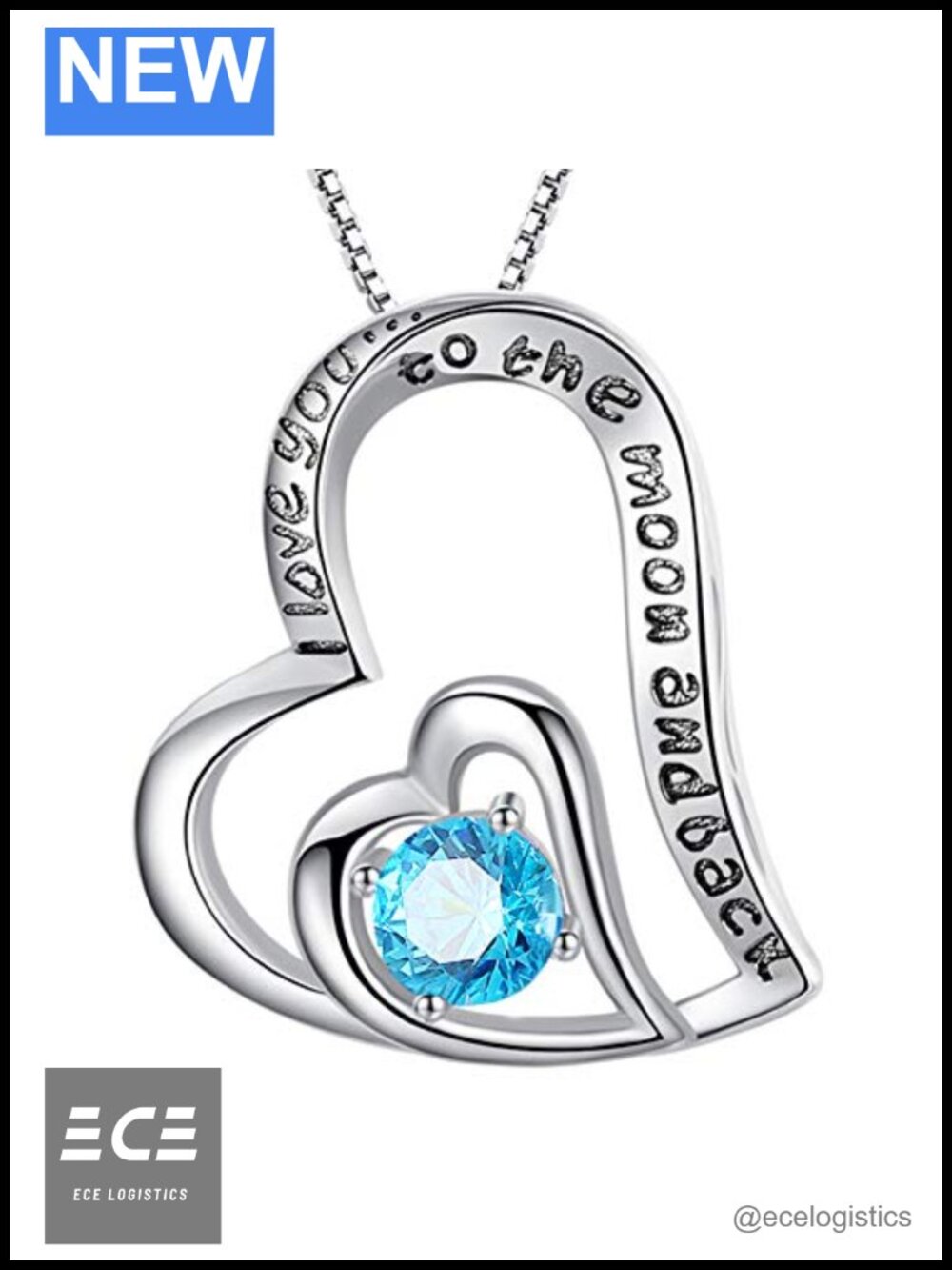 Sterling Silver Blue Topaz Heart Pendant Necklace I Love You Moon 18in